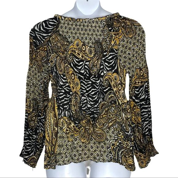 Sharagano Retro Crinkle Babydoll Blouse Brown Tan Textured Size Large - Picture 13 of 14